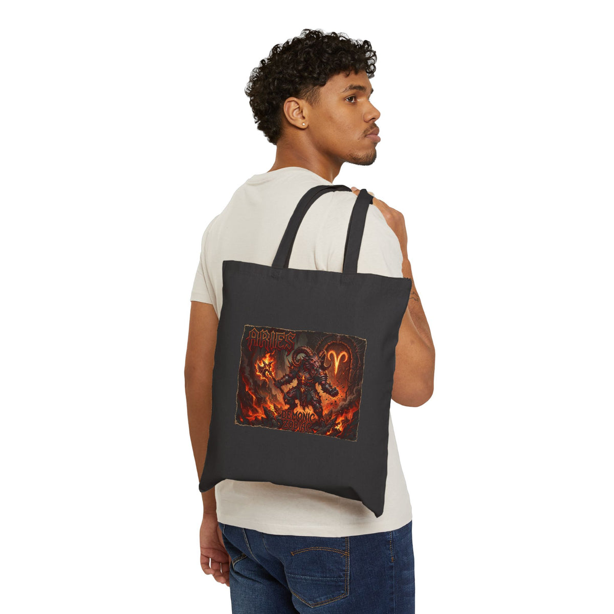 Demonic Aries Zodiac Canvas Tote Bag — Zodiac Fire Sign Gothic Tote
