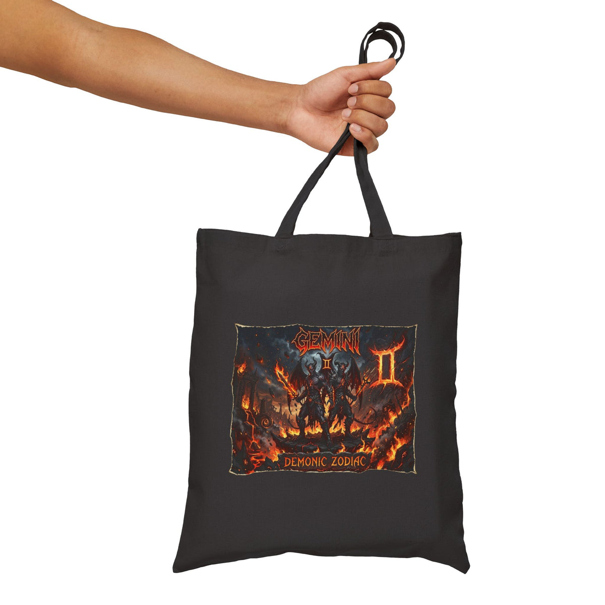 Demonic Gemini Zodiac Canvas Tote Bag — Dark Metal Flames Design
