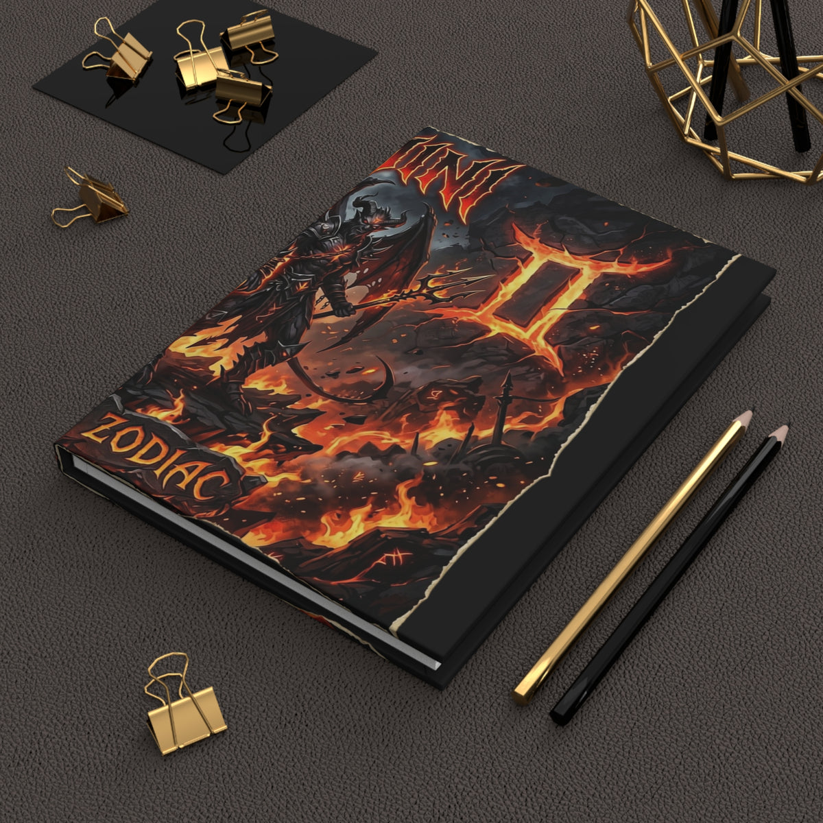 Gemini Zodiac Hardcover Journal — Fiery Demon Illustration Lined Notebook