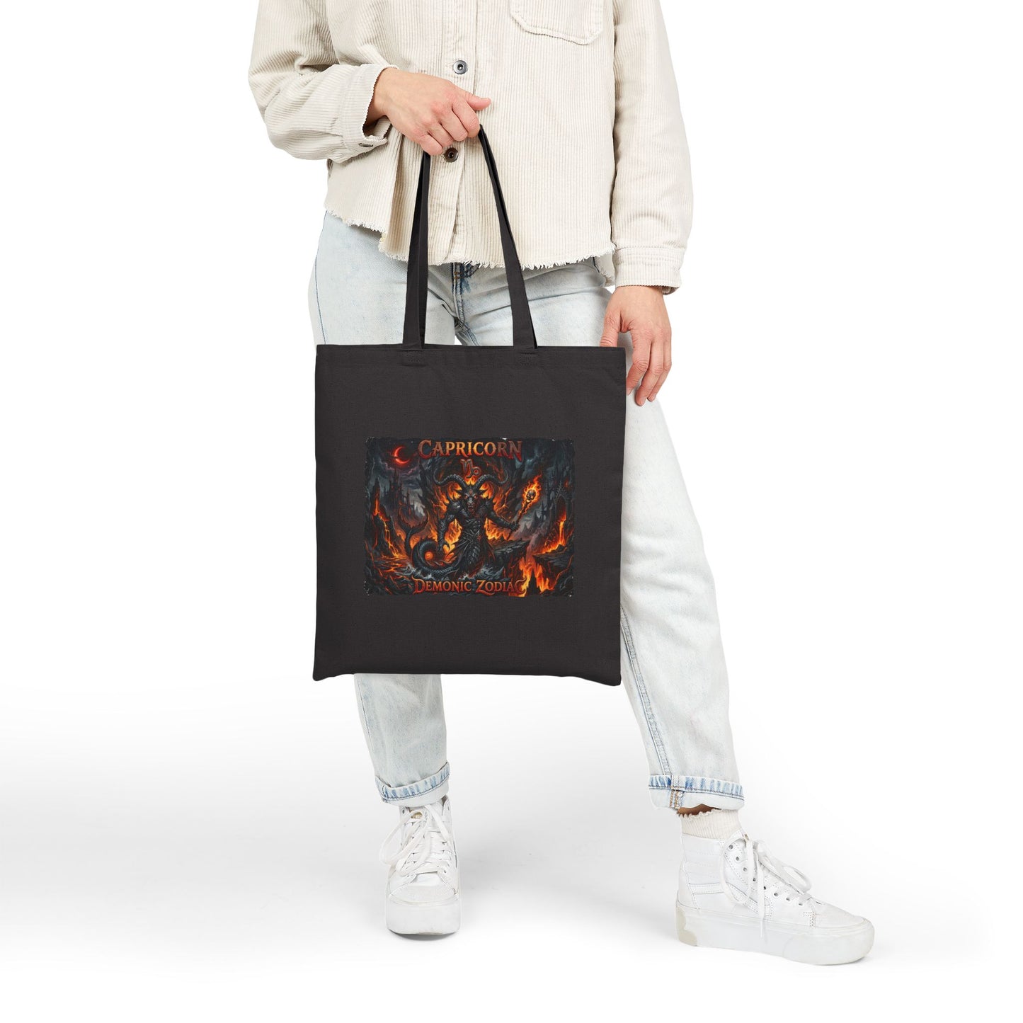 Demonic Capricorn Zodiac Tote Bag — Dark Fantasy 'Inferno' Canvas Tote with Demon Artwork