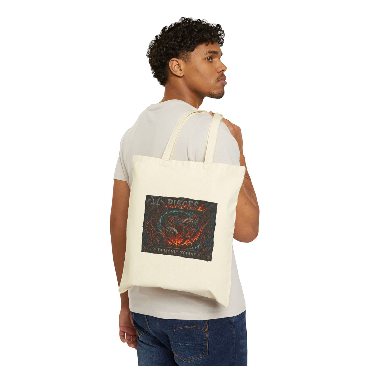Demonic Pisces Zodiac Canvas Tote Bag — Dark Fantasy Pisces Art  Eco Shopper